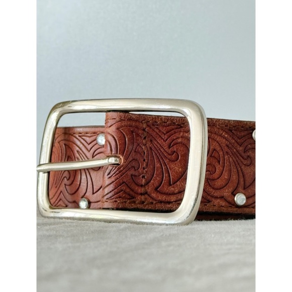 Vintage Guess Leather Belt Western Rhinestone Embossed Full Grain Silver Buckle